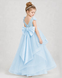 Dideyttawl Pageant Dress Pearl Strap Bow Back Tiered Tulle Gown