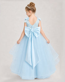 Dideyttawl Tulle Tiered Pageant Dress with 3D Flowers & V-Back