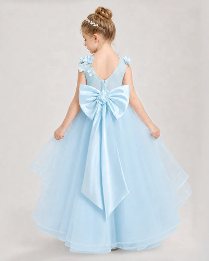 Baby Blue Satin Tulle Ball Gown Pageant Dress Back View
