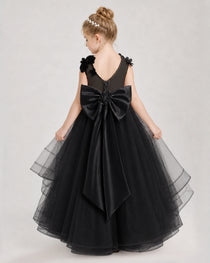 Dideyttawl Pageant Dress Pearl Strap Bow Back Tiered Tulle Gown