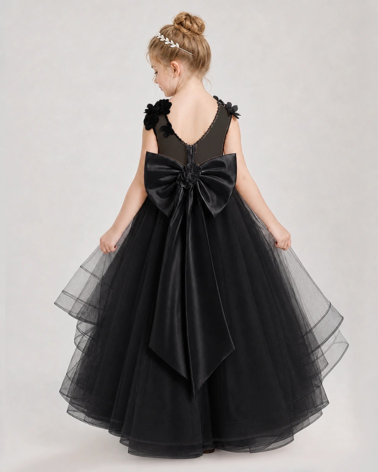 Dideyttawl Pageant Dress Pearl Strap Bow Back Tiered Tulle Gown