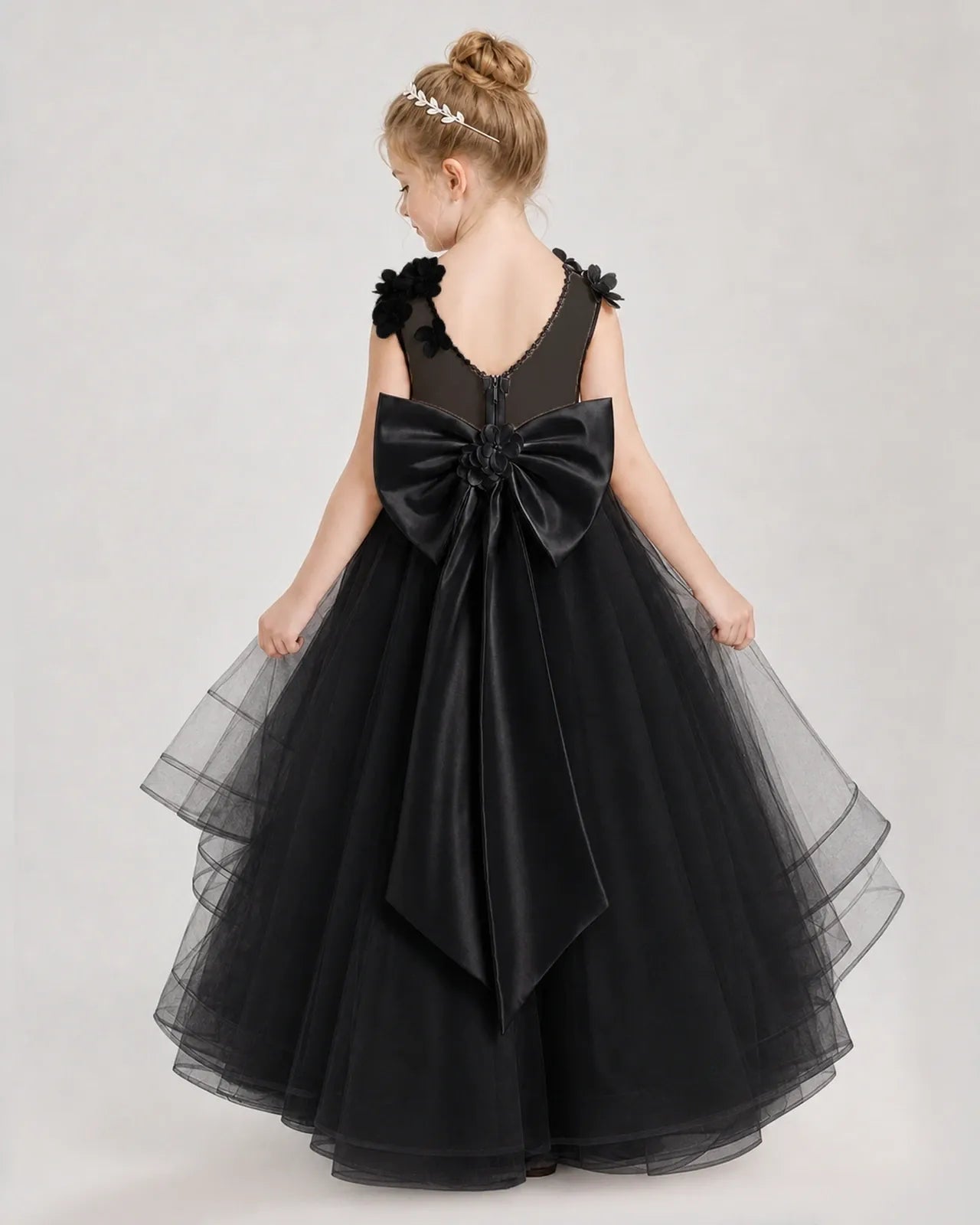 Black Satin And Tulle Ball Gown Pageant Dress Back View