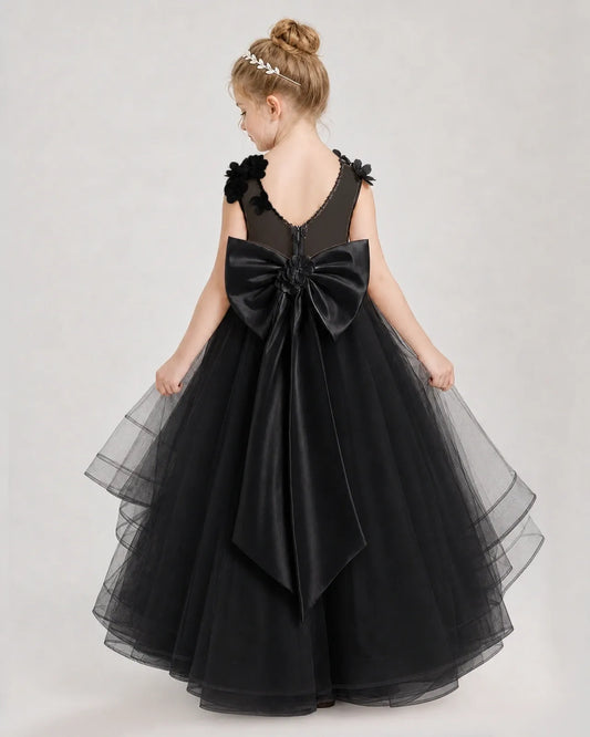 Black Satin And Tulle Ball Gown Pageant Dress Back View