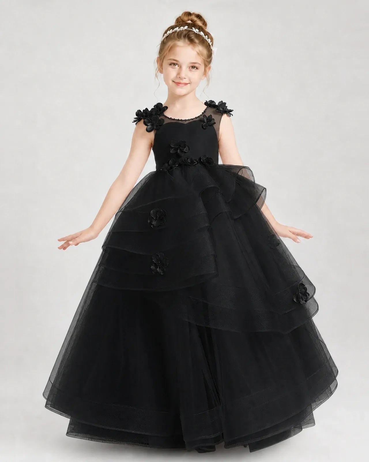 Black Satin Tulle Ball Gown Pageant Dress Front View