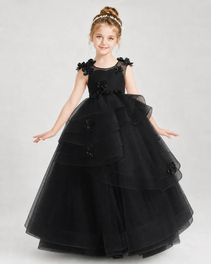 Black Satin Tulle Ball Gown Pageant Dress Front View