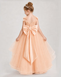 Dideyttawl Tulle Tiered Pageant Dress with 3D Flowers & V-Back