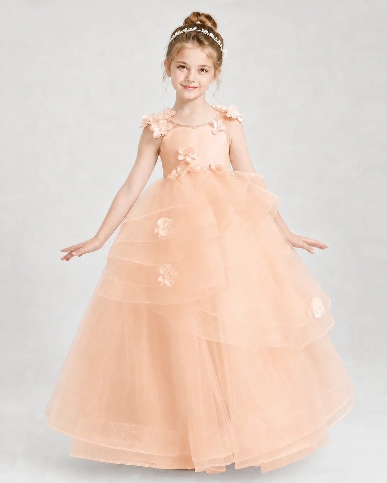 Blush Pink Satin Tulle Ball Gown Pageant Dress Front View