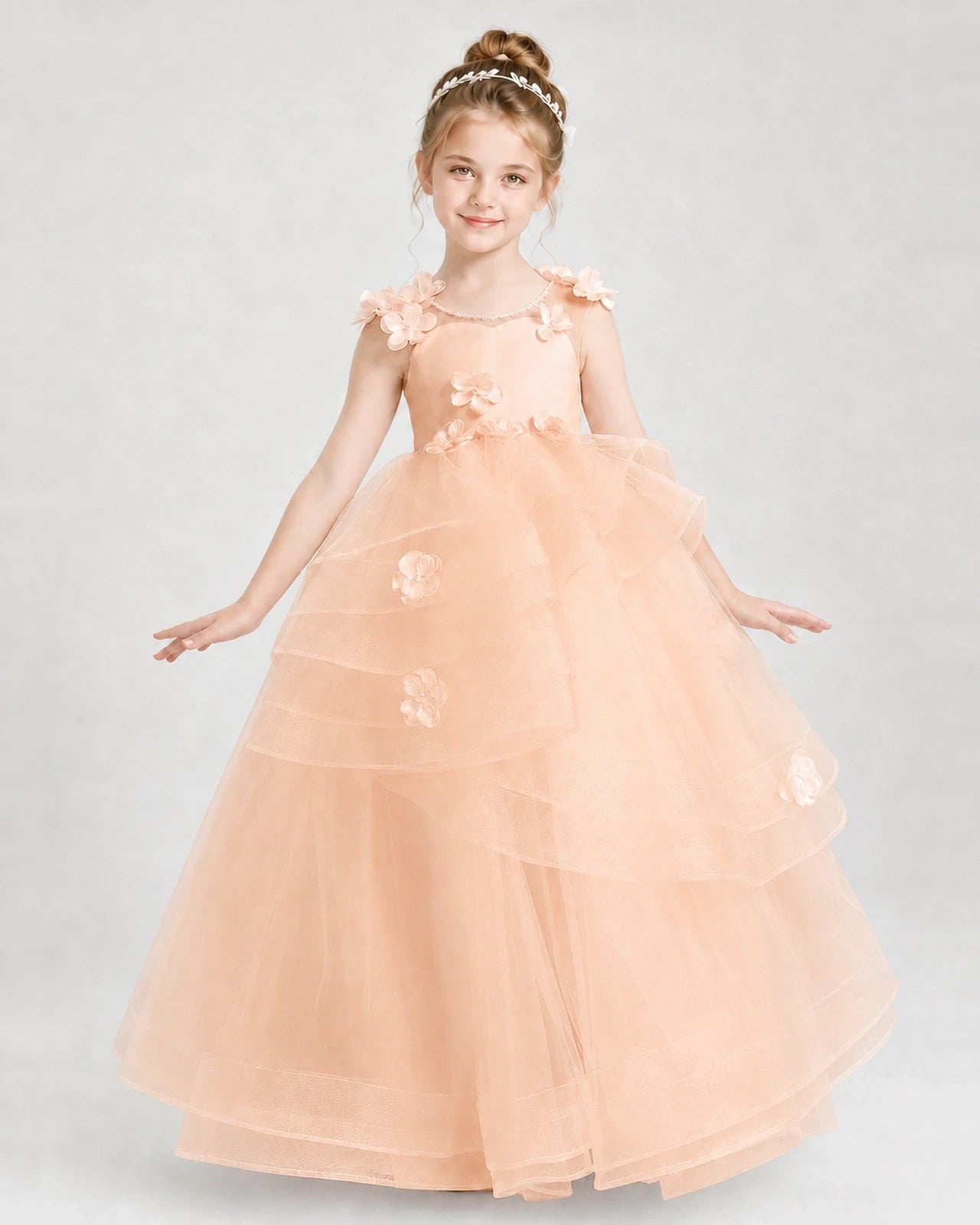 Dideyttawl Tulle Tiered Pageant Dress with 3D Flowers & V-Back