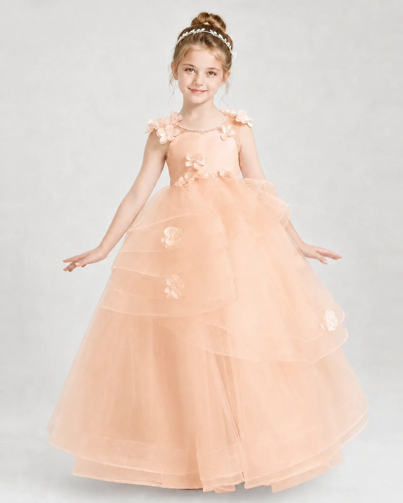 Blush Pink Satin Tulle Ball Gown Pageant Dress Front View