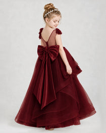 Dideyttawl Pageant Dress Pearl Strap Bow Back Tiered Tulle Gown