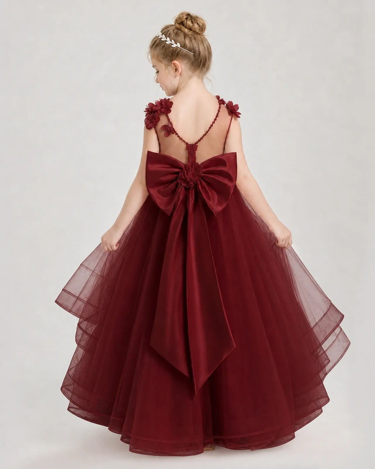Burgundy Satin and Tulle Ball Gown Pageant Dress Back View