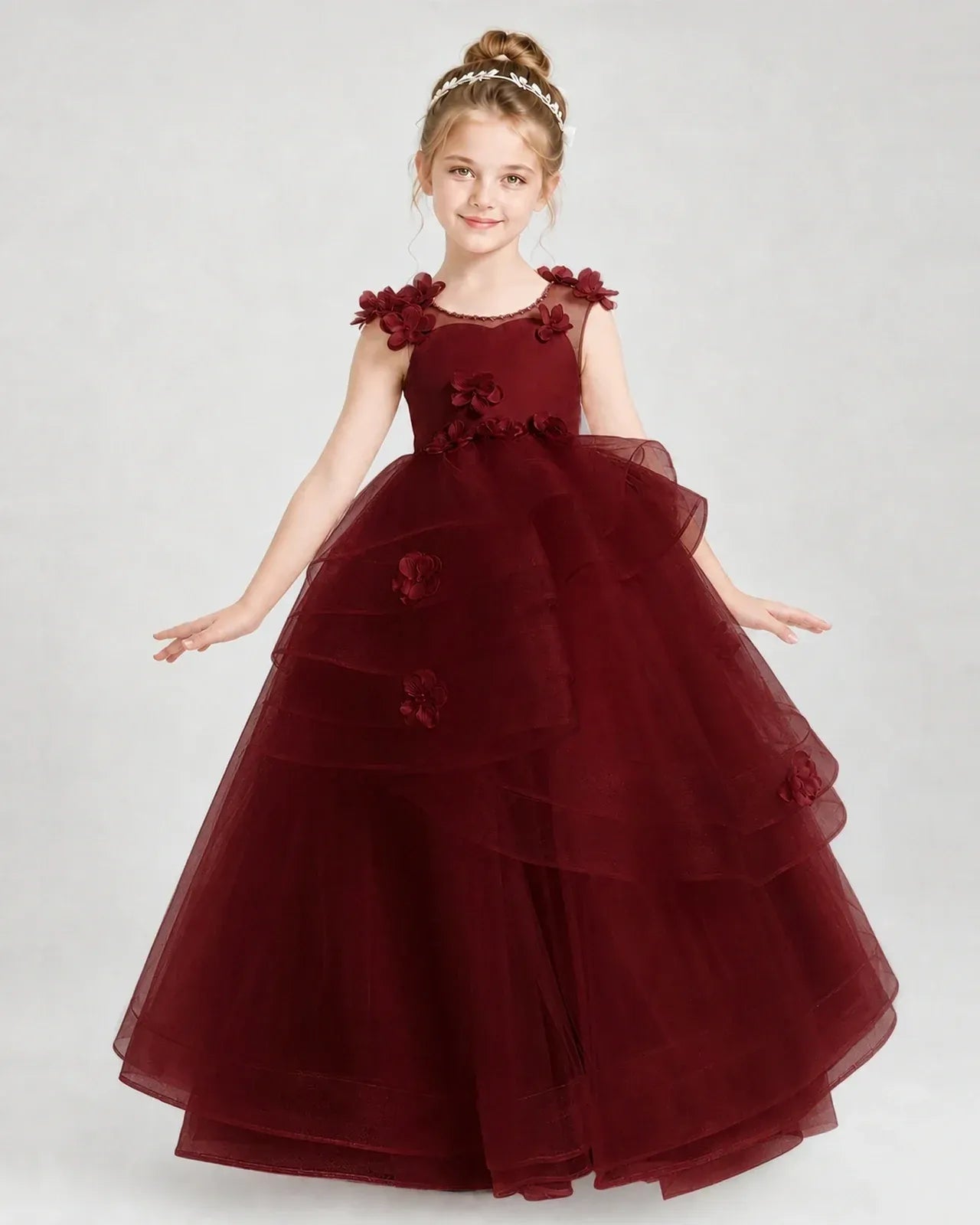 Burgundy Satin Tulle Ball Gown Pageant Dress Front View