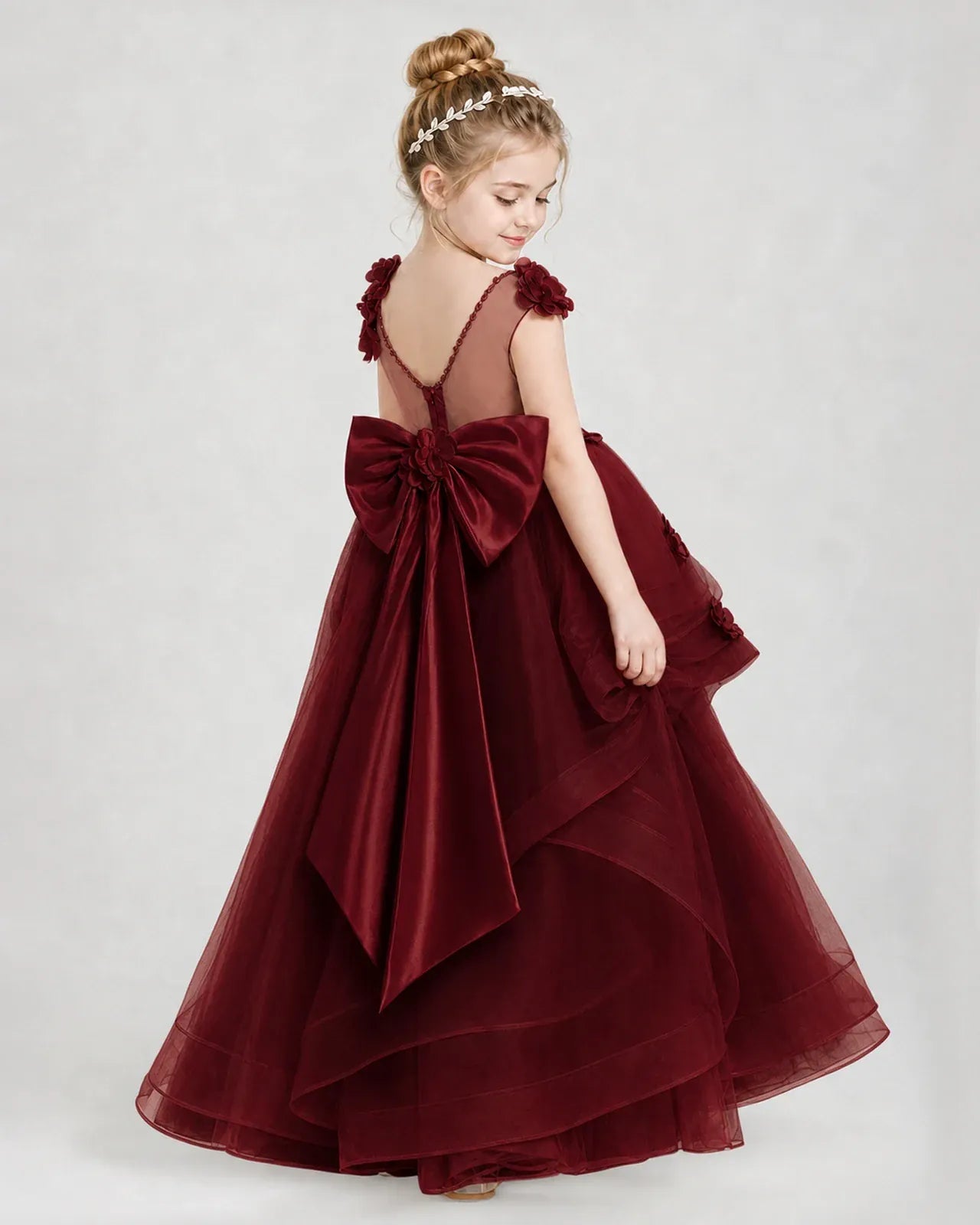 Burgundy Satin Tulle Ball Gown Pageant Dress Side View