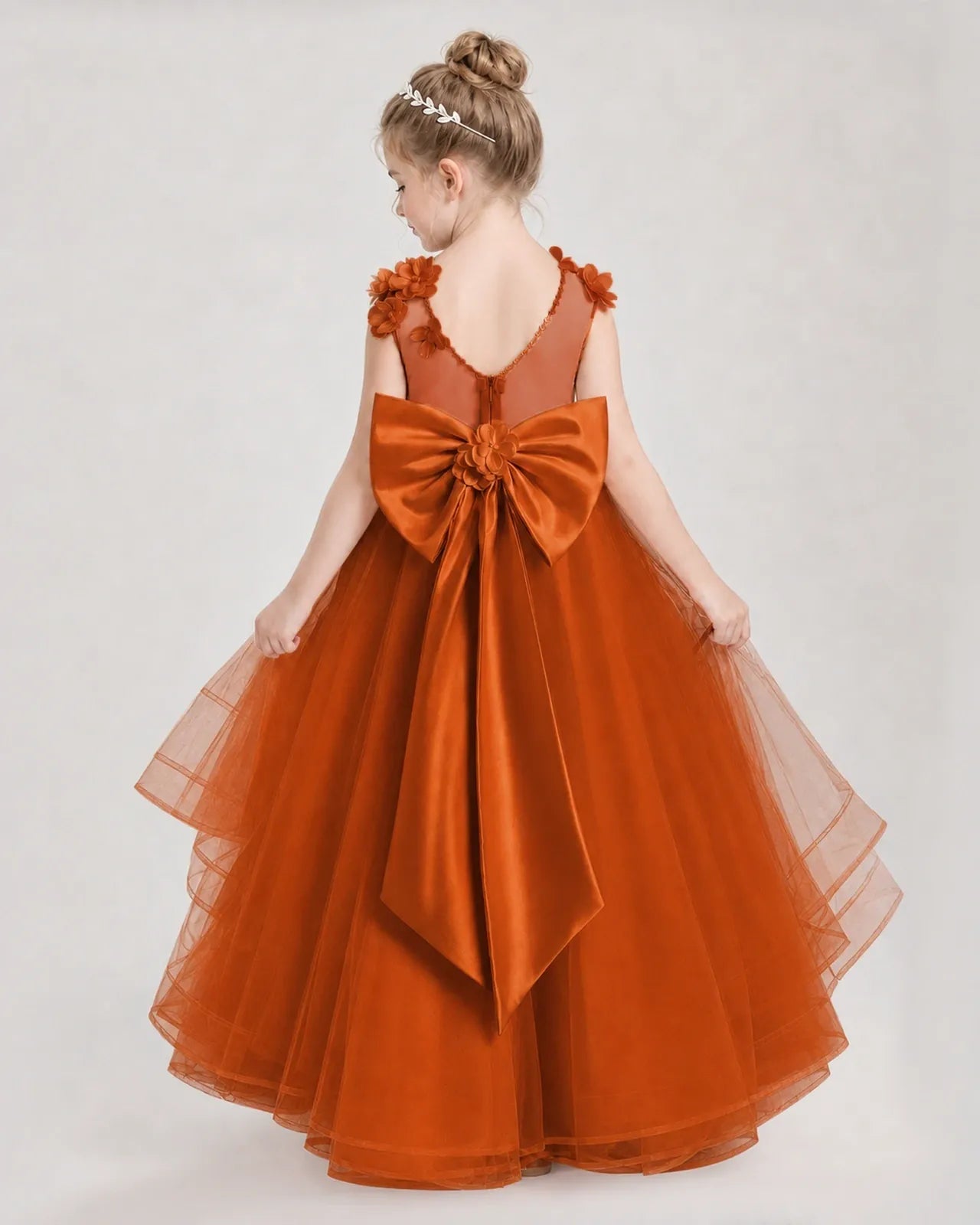 Burnt Orange Satin Tulle Ball Gown Pageant Dress Back View