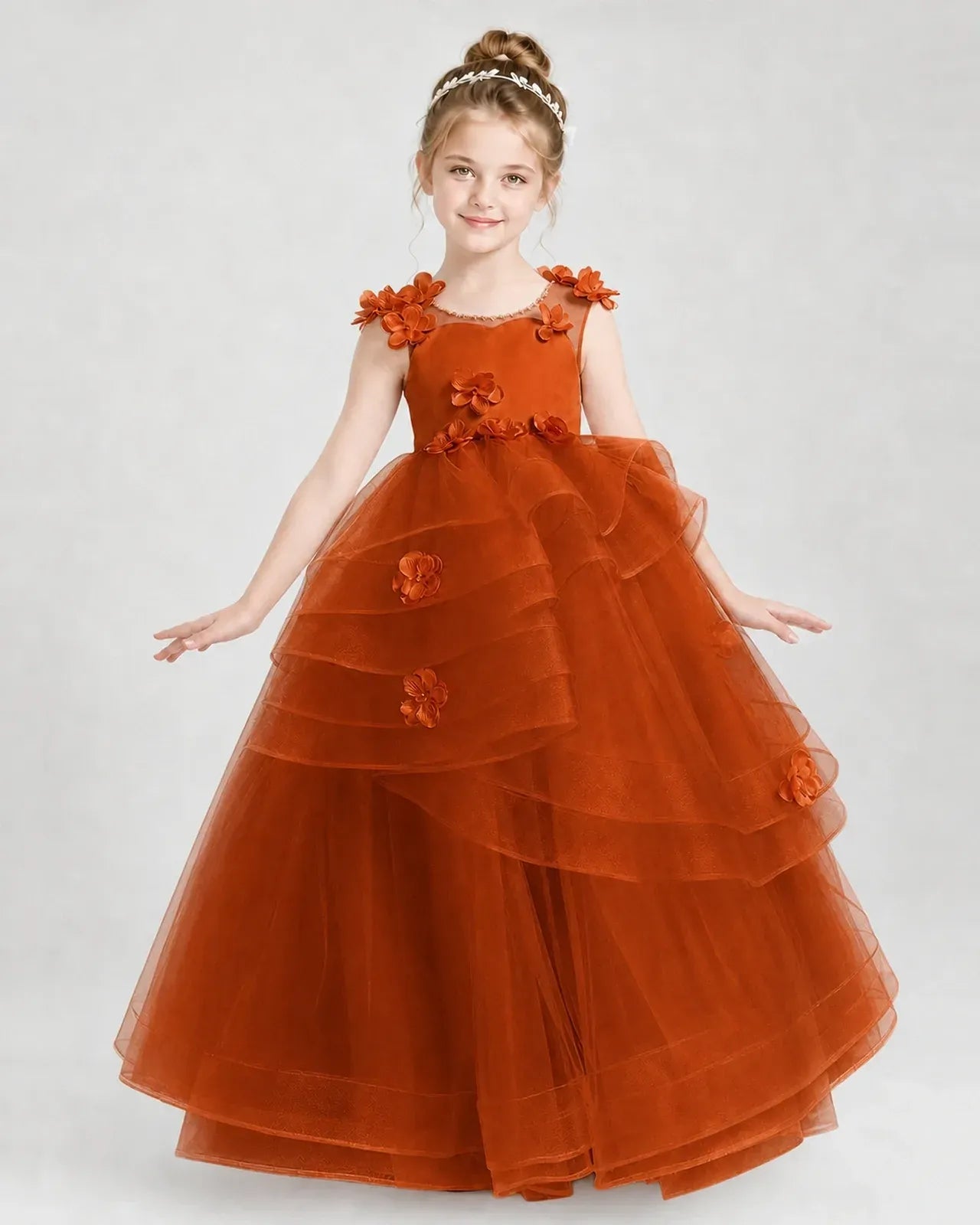 Burnt Orange Satin Tulle Ball Gown Pageant Dress Front View