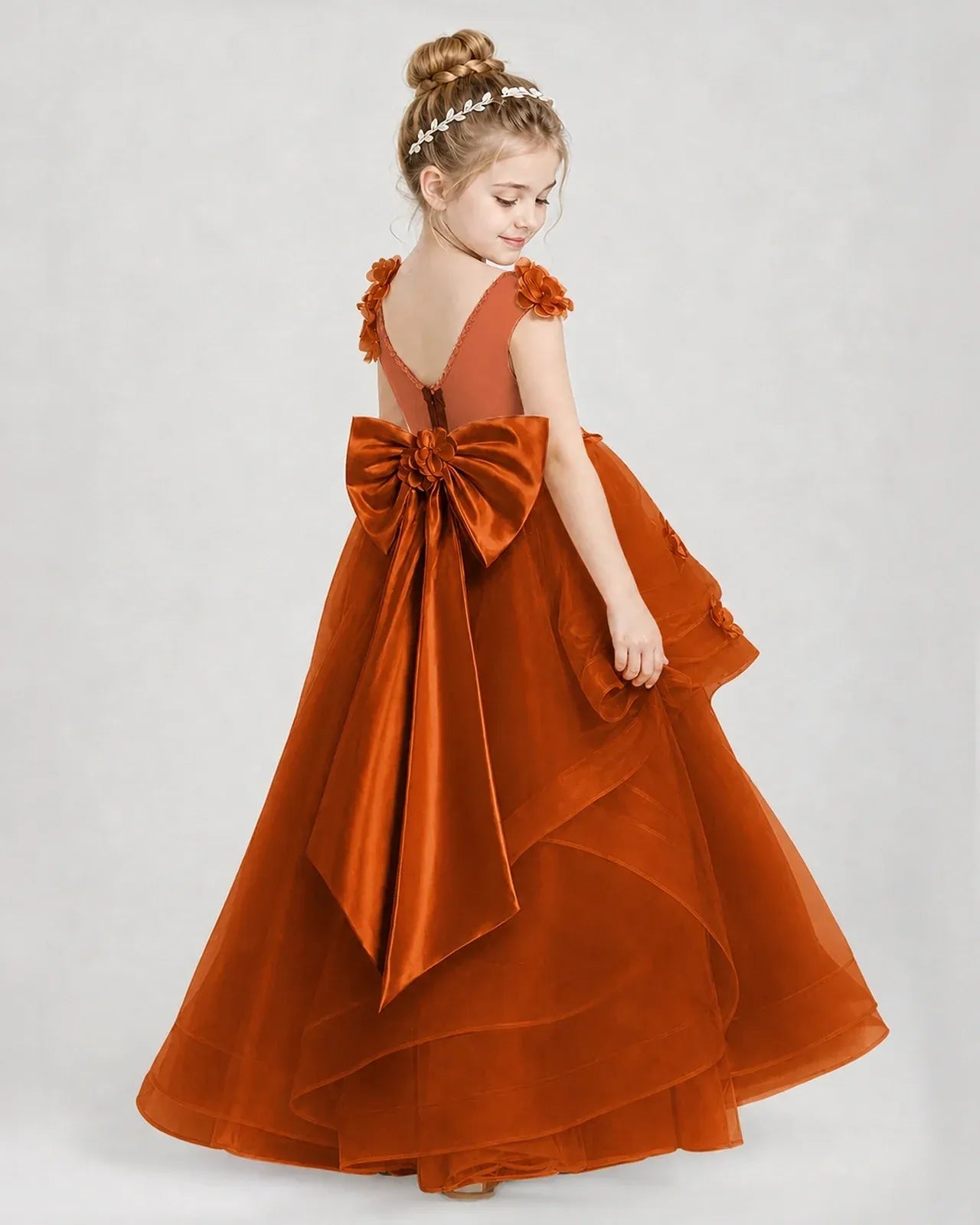 Burnt Orange Satin Tulle Ball Gown Pageant Dress Side View