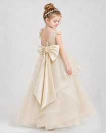 Dideyttawl Pageant Dress Pearl Strap Bow Back Tiered Tulle Gown