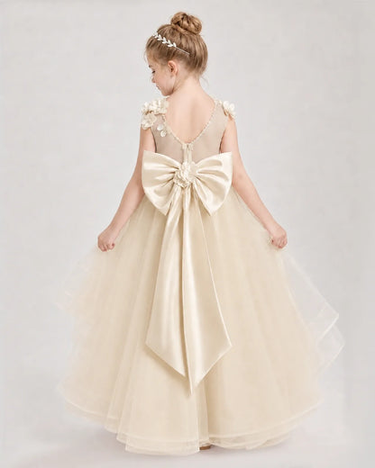 Champagne Satin And Tulle A-line Pageant Dress Back View
