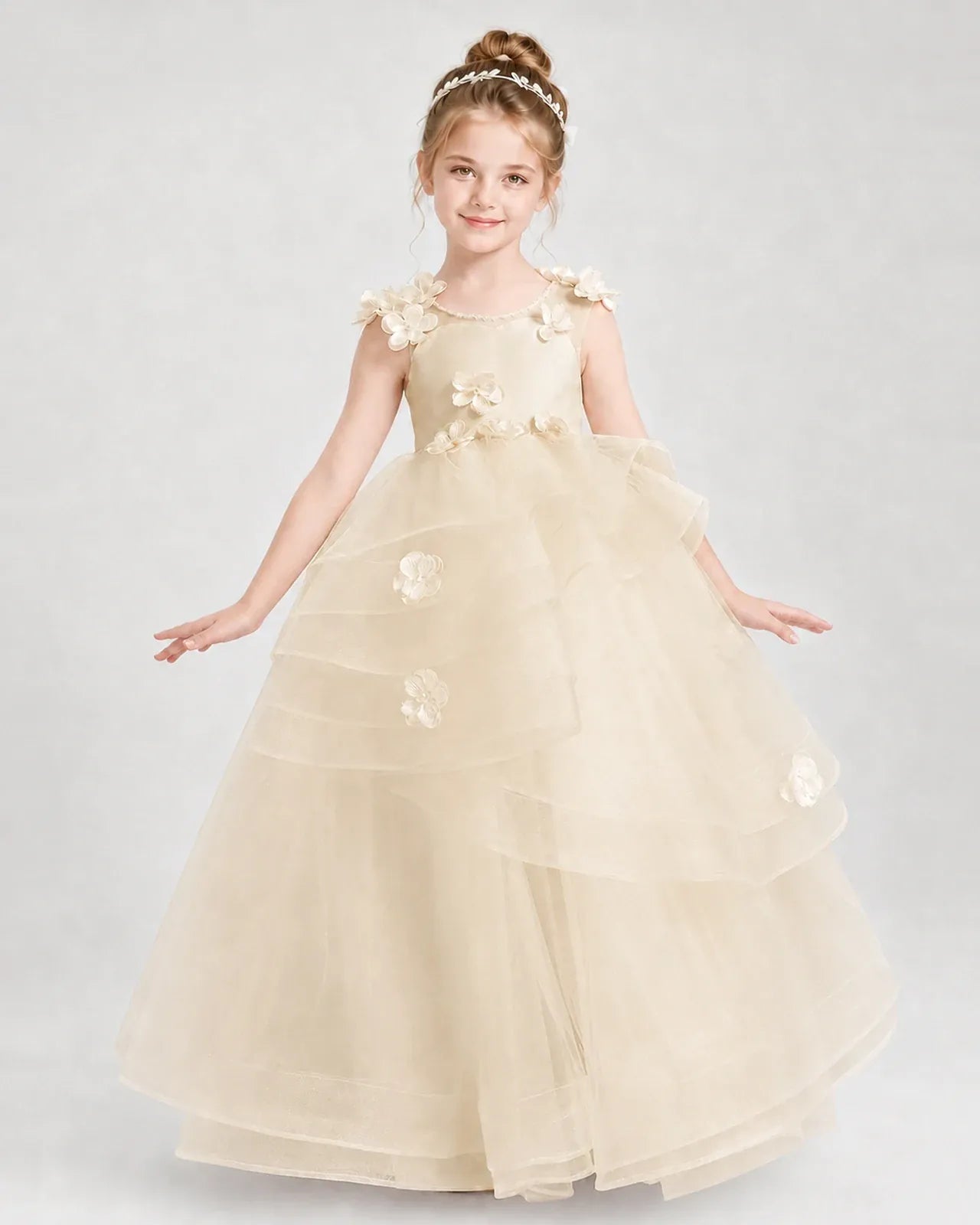 Champagne Satin and Tulle Ball Gown Pageant Dress Front View
