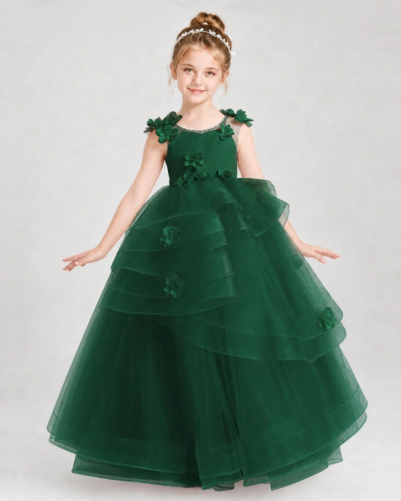 Dideyttawl Pageant Dress Pearl Strap Bow Back Tiered Tulle Gown