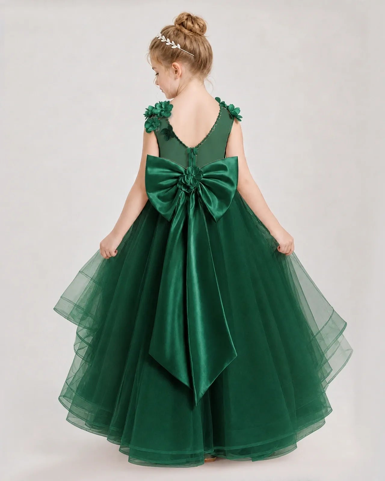 Dark Green Satin Tulle A-line Pageant Dress Back View