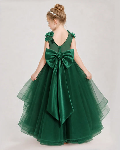 Dark Green Satin Tulle A-line Pageant Dress Back View