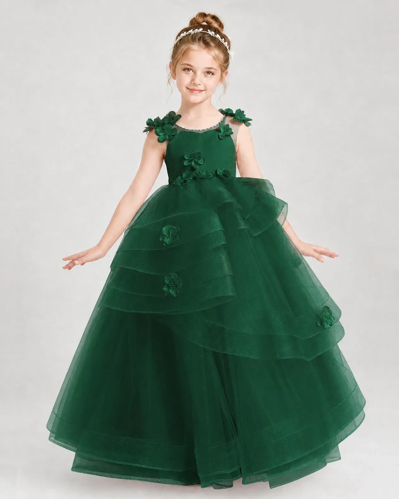 Dark Green Satin Tulle A-line Pageant Dress Front View
