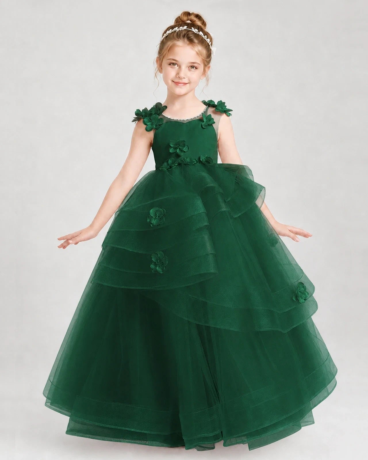 Dideyttawl Tulle Tiered Pageant Dress with 3D Flowers & V-Back