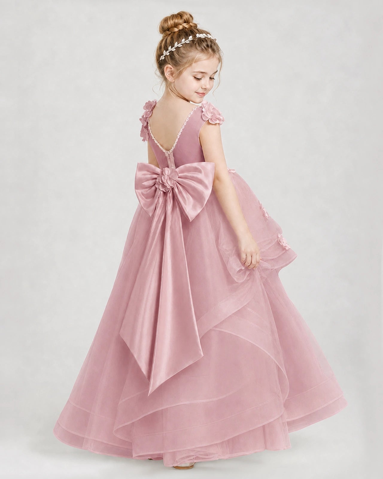 Dideyttawl Pageant Dress Pearl Strap Bow Back Tiered Tulle Gown