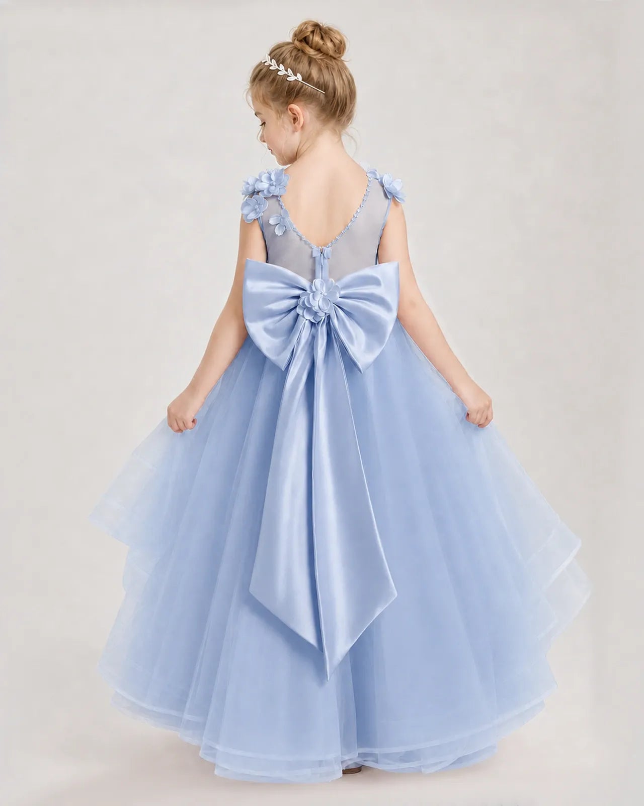 Dusty Blue Satin Tulle Ball Gown Pageant Dress Back View
