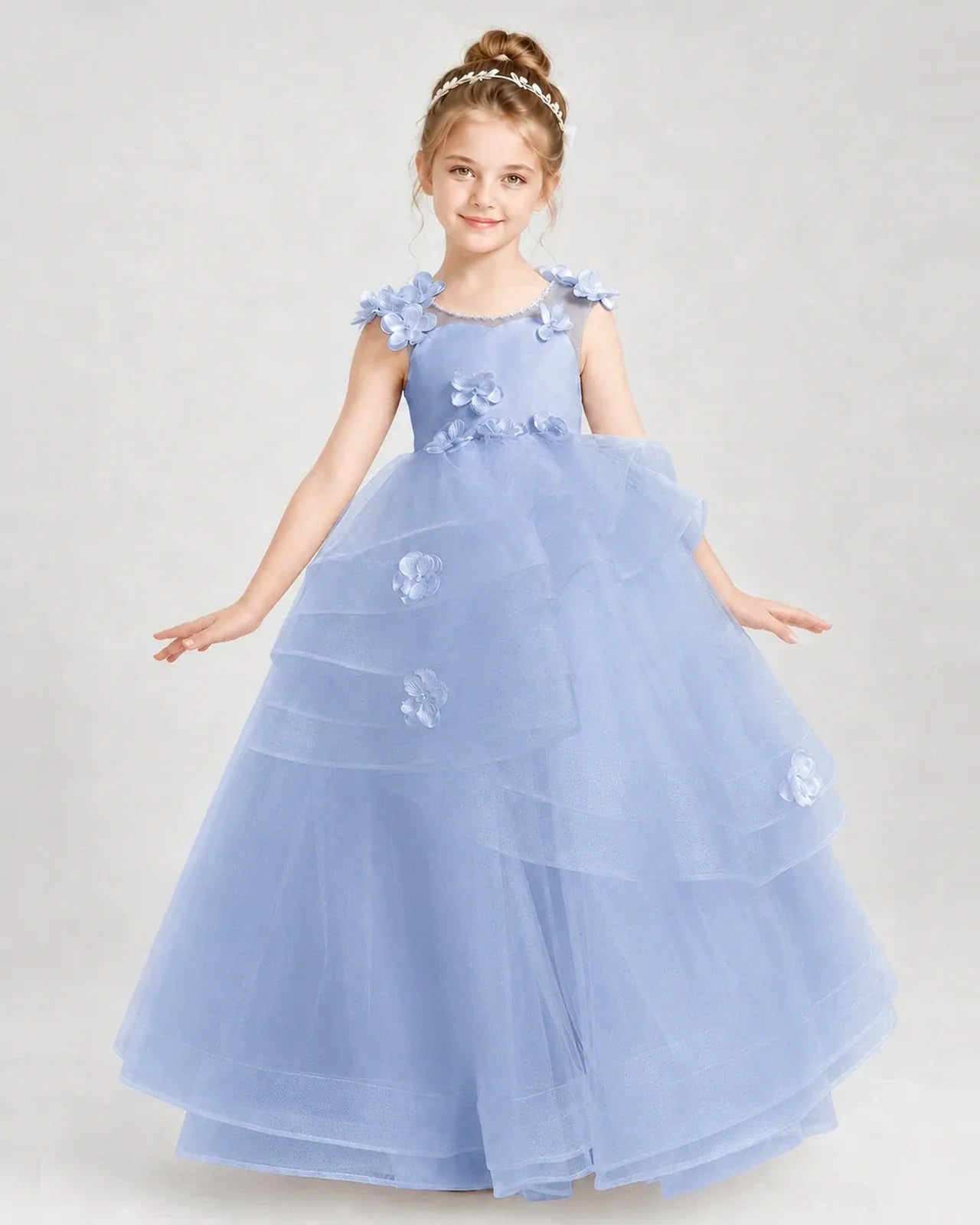 Dusty Blue Satin Tulle Ball Gown Pageant Dress Front View