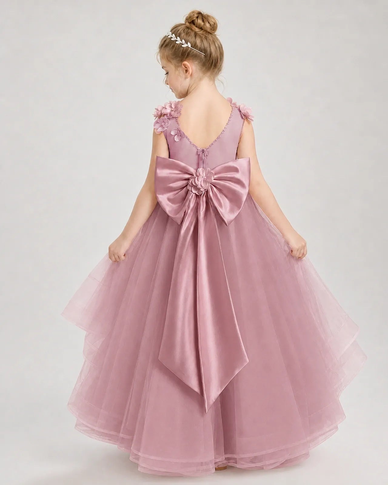 Dusty Rose Satin Tulle A-line Pageant Dress Back View