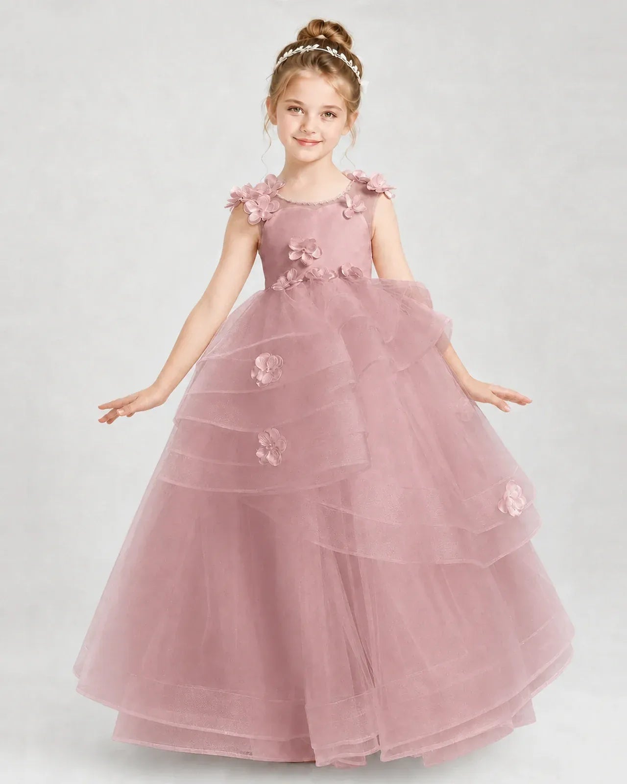 Dusty Rose Satin Tulle Ball Gown Pageant Dress Front View