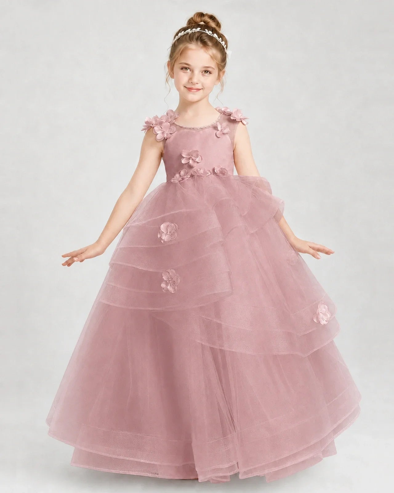 Dideyttawl Tulle Tiered Pageant Dress with 3D Flowers & V-Back