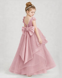 Dideyttawl Tulle Tiered Pageant Dress with 3D Flowers & V-Back