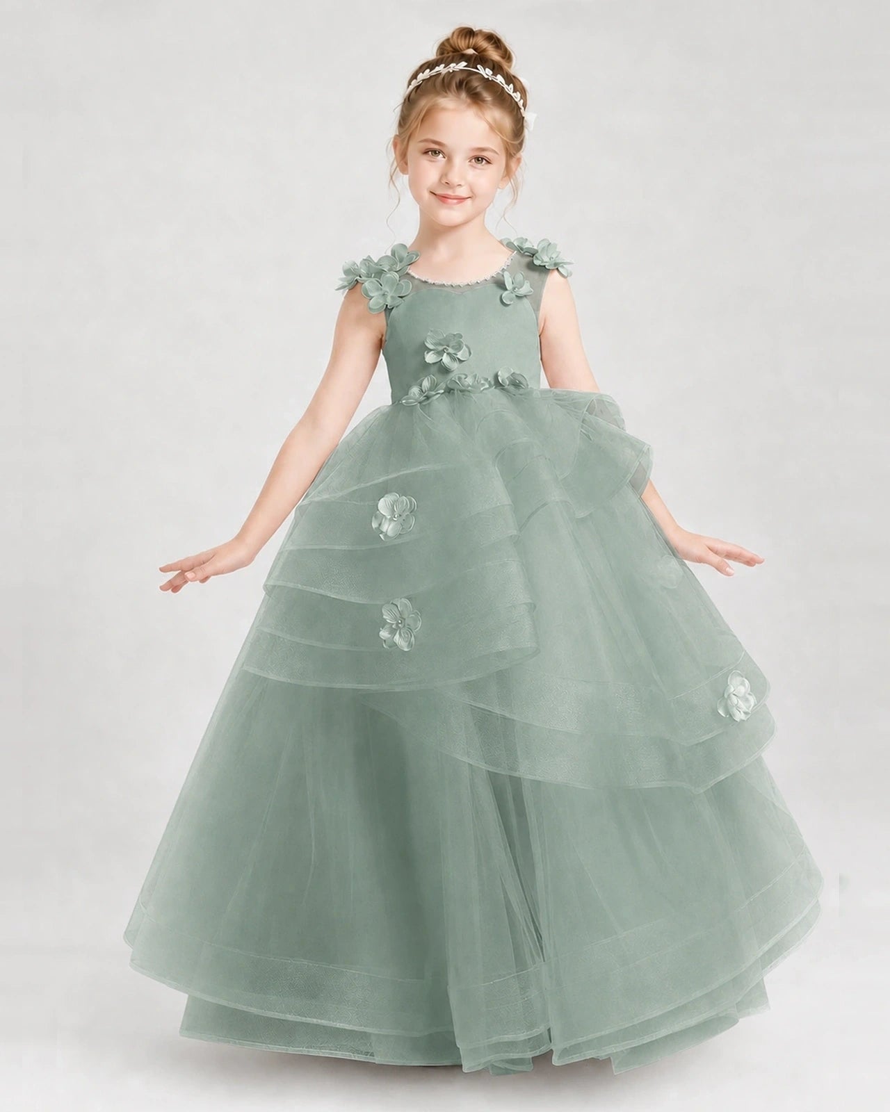 Dideyttawl Pageant Dress Pearl Strap Bow Back Tiered Tulle Gown