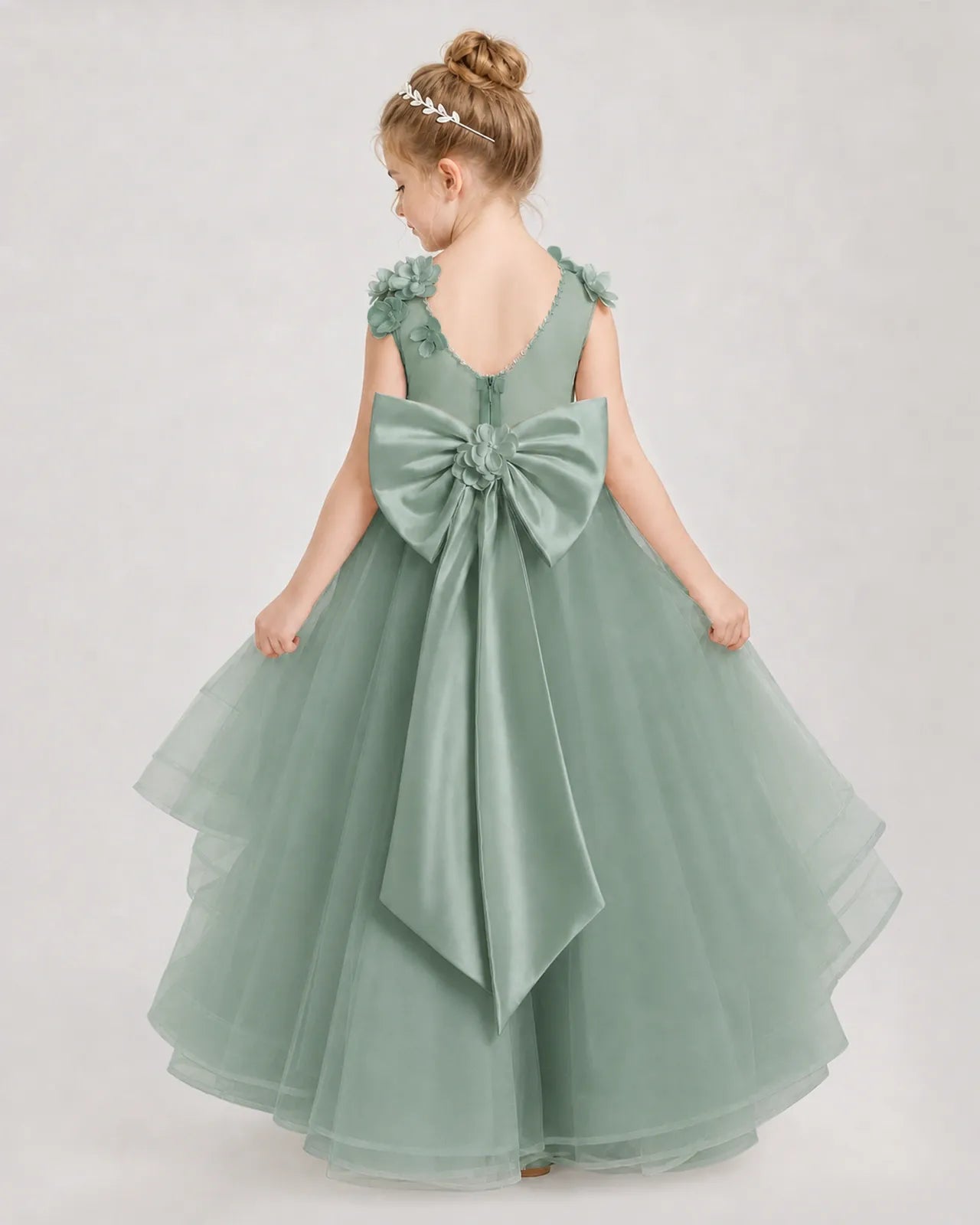 Eucalyptus Satin Tulle A-line Pageant Dress Back View
