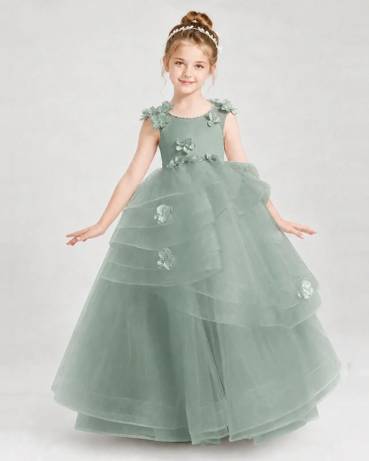 Eucalyptus Satin Tulle Ball Gown Pageant Dress Front View