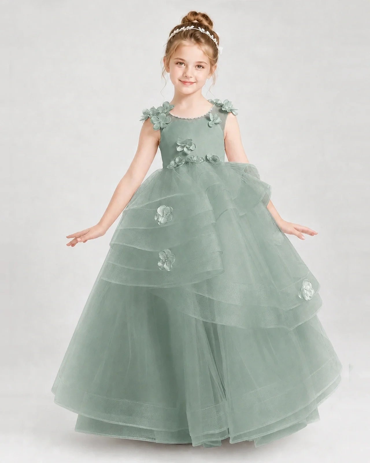 Dideyttawl Tulle Tiered Pageant Dress with 3D Flowers & V-Back
