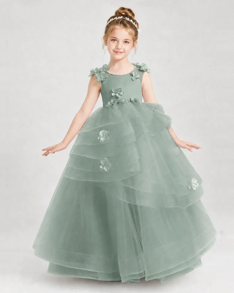 Eucalyptus Satin Tulle Ball Gown Pageant Dress Front View