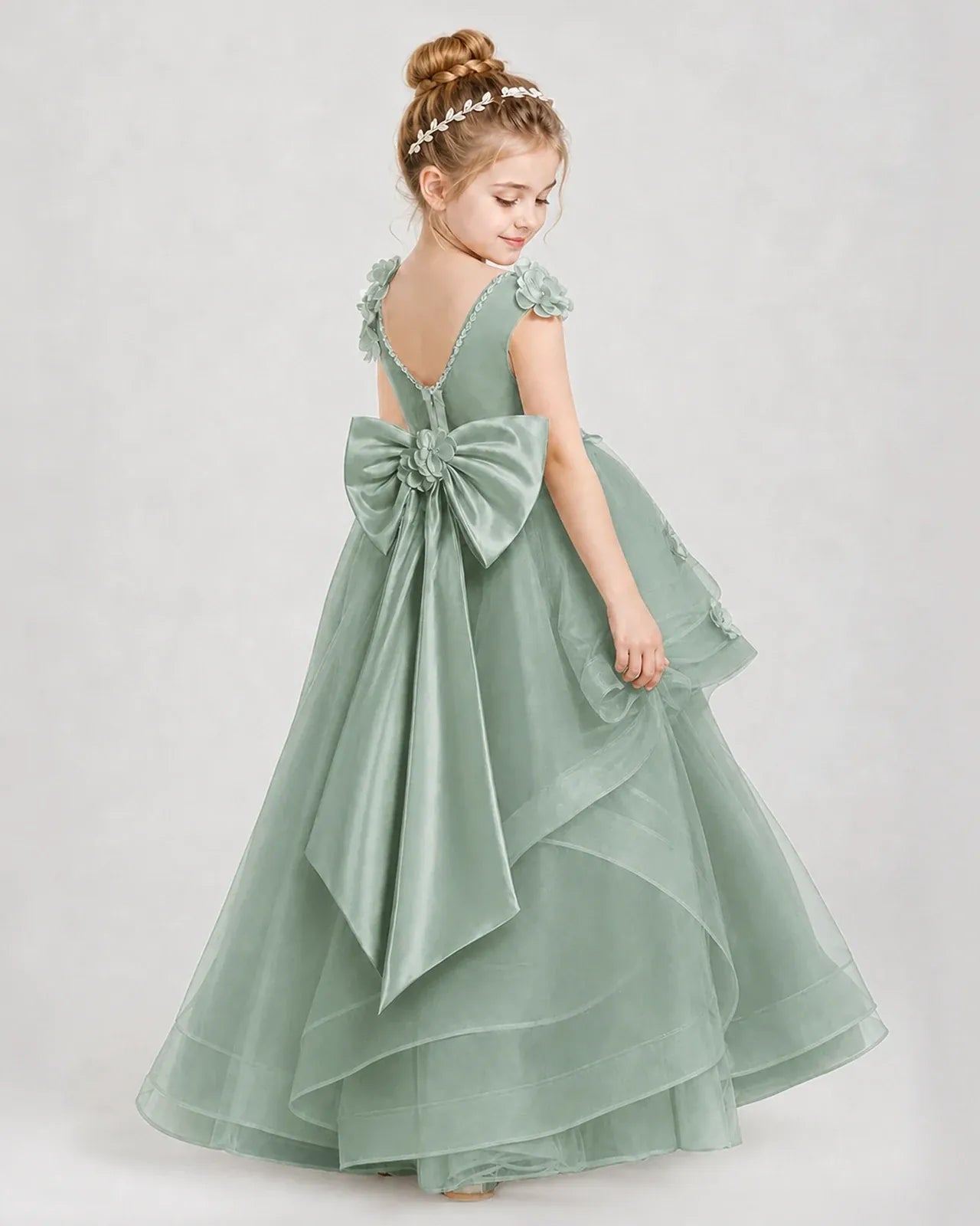Eucalyptus Satin Tulle A-line Pageant Dress Side View