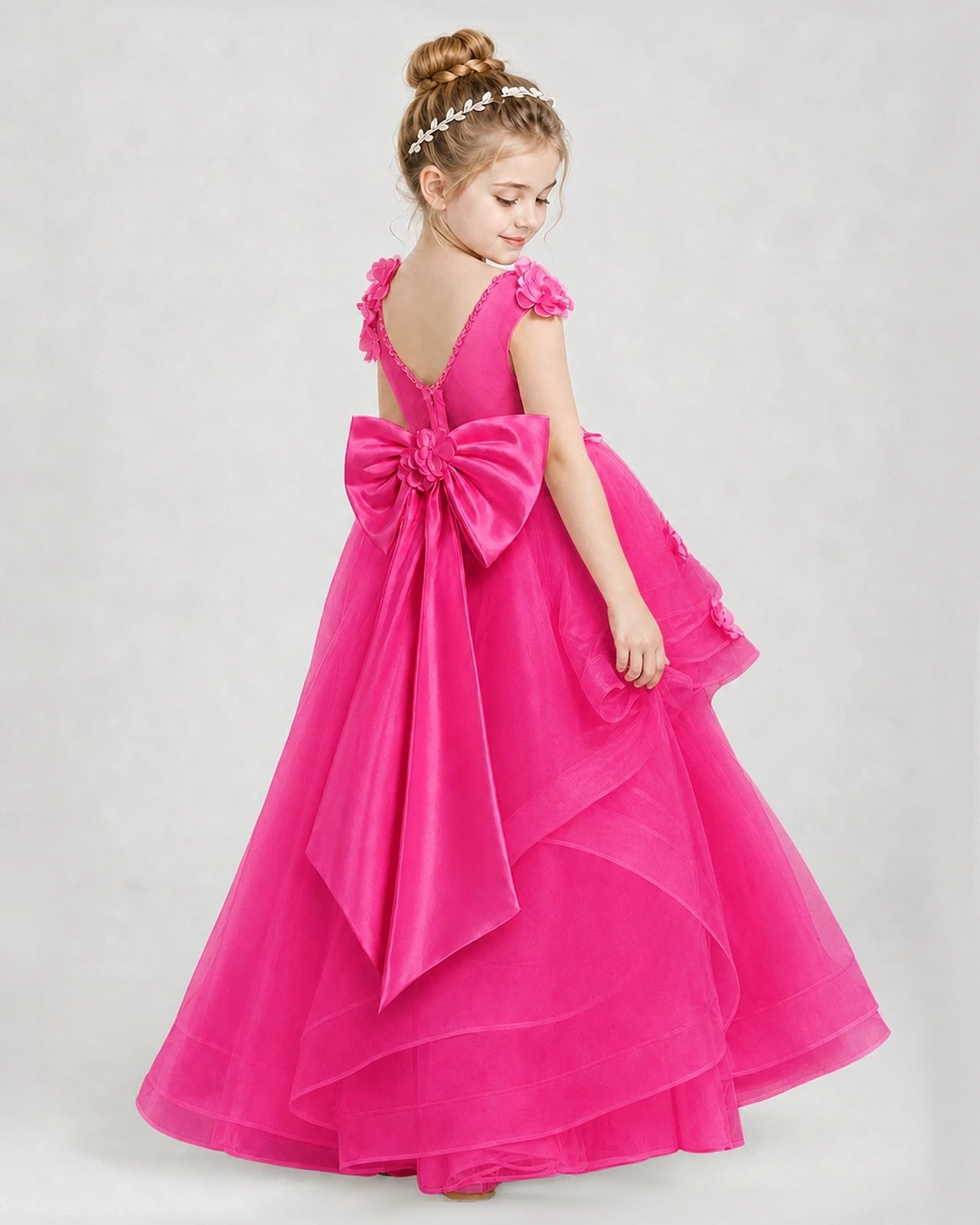 Dideyttawl Pageant Dress Pearl Strap Bow Back Tiered Tulle Gown