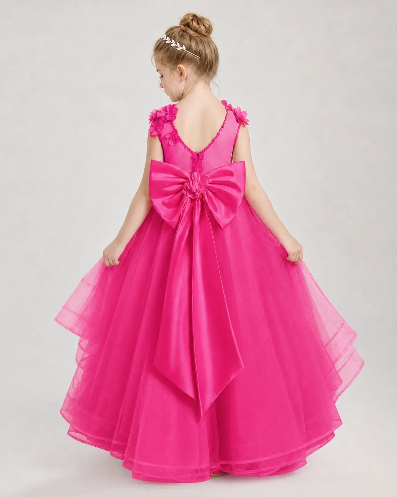 Hot Pink Satin Tulle Ball Gown Pageant Dress Back View