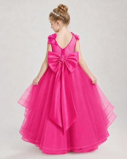 Hot Pink Satin Tulle Ball Gown Pageant Dress Back View