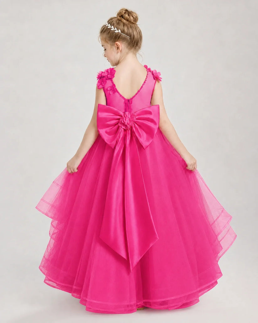 Hot Pink Satin Tulle Ball Gown Pageant Dress Back View