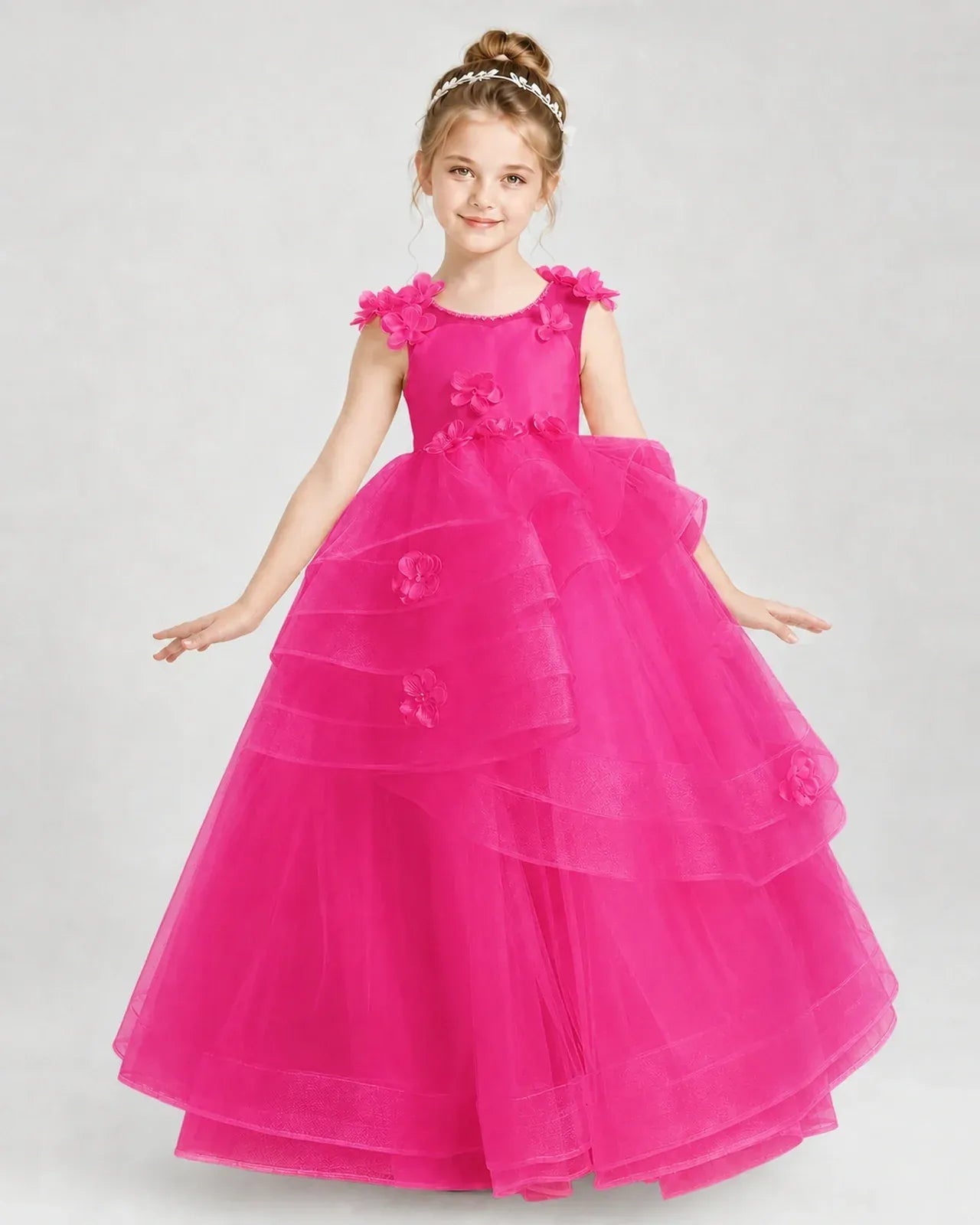 Hot Pink Satin Tulle Ball Gown Pageant Dress Front View