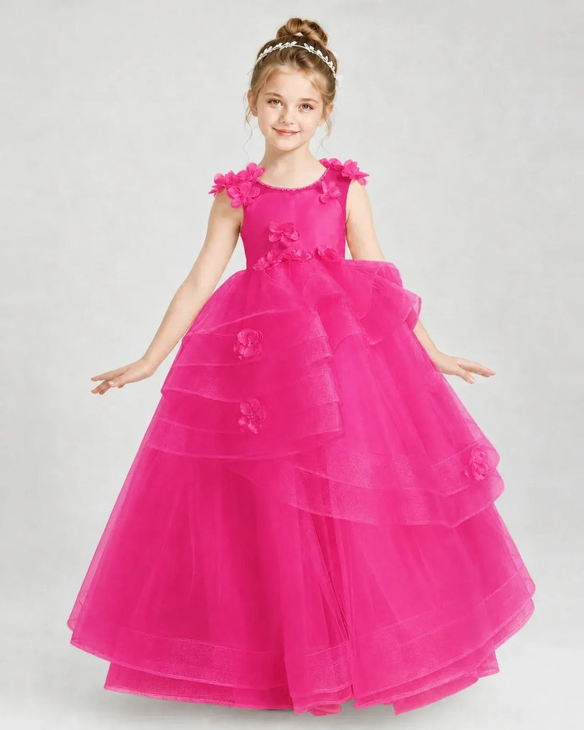 Hot Pink Satin Tulle Ball Gown Pageant Dress Front View