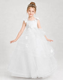 Dideyttawl Pageant Dress Pearl Strap Bow Back Tiered Tulle Gown