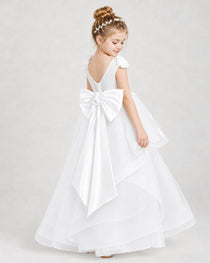 Dideyttawl Tulle Tiered Pageant Dress with 3D Flowers & V-Back