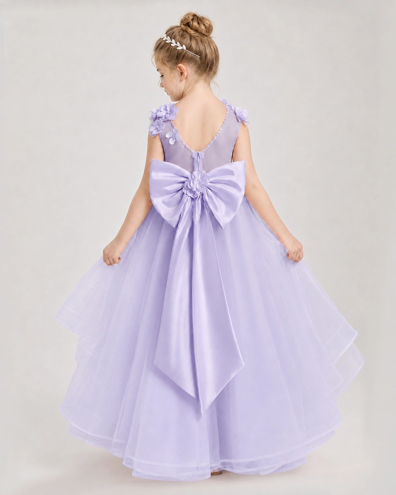 Dideyttawl Pageant Dress Pearl Strap Bow Back Tiered Tulle Gown